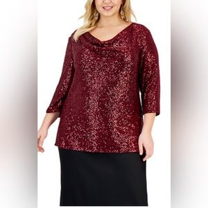 NWT Alex Evenings Plus Size 2X Sequin Cowl Neck Wine Tunic Wedding Guest Formal